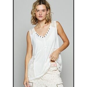 300 💜POL White Studded Sleeveless Top with Lace Details
